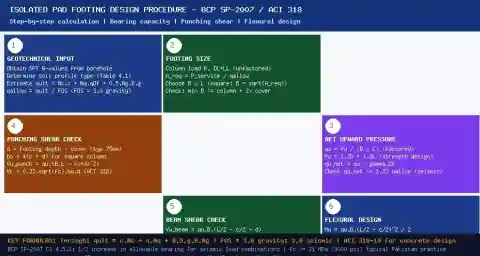 Six-step isolated pad footing design procedure BCP SP-2007 ACI 318