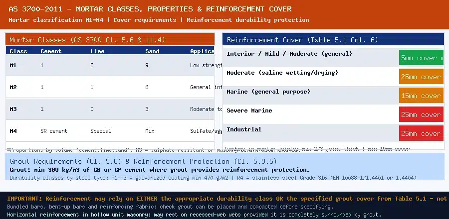 as 3700 mortar classes m2 to m4 with reinforcement cover requirements